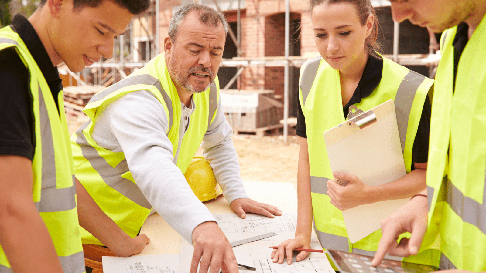 group of engineers overlooking construction blueprints